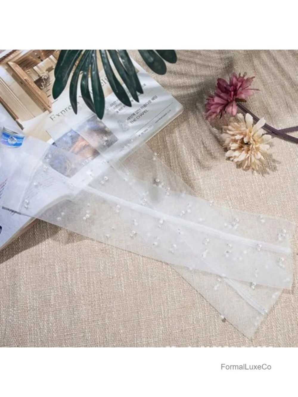 Fingerless Lace Wedding Gloves with Pearls - Bridal Tulle Sheer Long Gloves